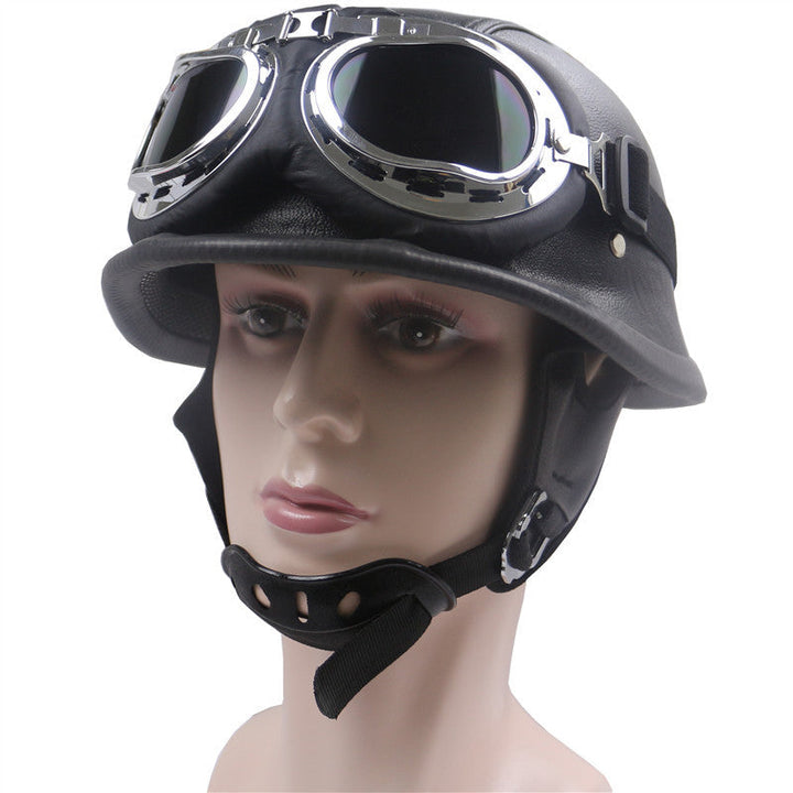 Vintage Leather Motorcycle Helmet with Chrome Goggles Kalsten