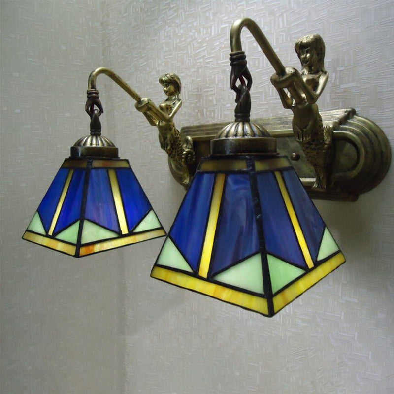 BowLift | Trapezium Wall Mount Lamp Fixture Tiffany Bronze Cut Glass Wall Lighting with Mermaid Arm