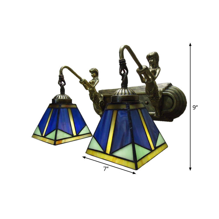 Kalsten | Trapezium Wall Mount Lamp Fixture Tiffany Bronze Cut Glass Wall Lighting with Mermaid Arm