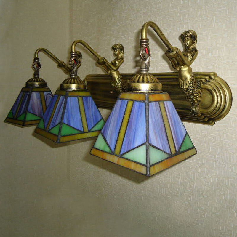Kalsten | Trapezium Wall Mount Lamp Fixture Tiffany Bronze Cut Glass Wall Lighting with Mermaid Arm