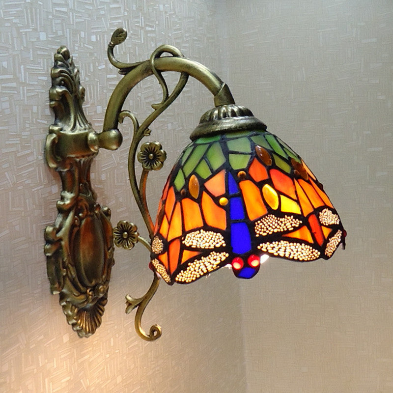 Hand-cut Glass Dragonfly Wall Lamp Tiffany Style 1 Light Wall Mounted Light Fixture with Carved Backplate | Kalsten