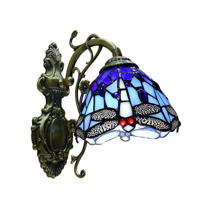 Hand-cut Glass Dragonfly Wall Lamp Tiffany Style 1 Light Wall Mounted Light Fixture with Carved Backplate | Kalsten