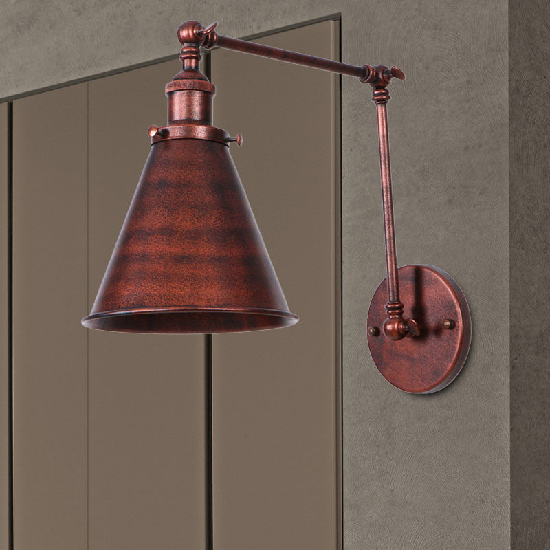 Farmhouse Style Cone Wall Sconce 1 Bulb Iron Wall Lighting Fixture in Black/Rust for Bedroom | Kalsten
