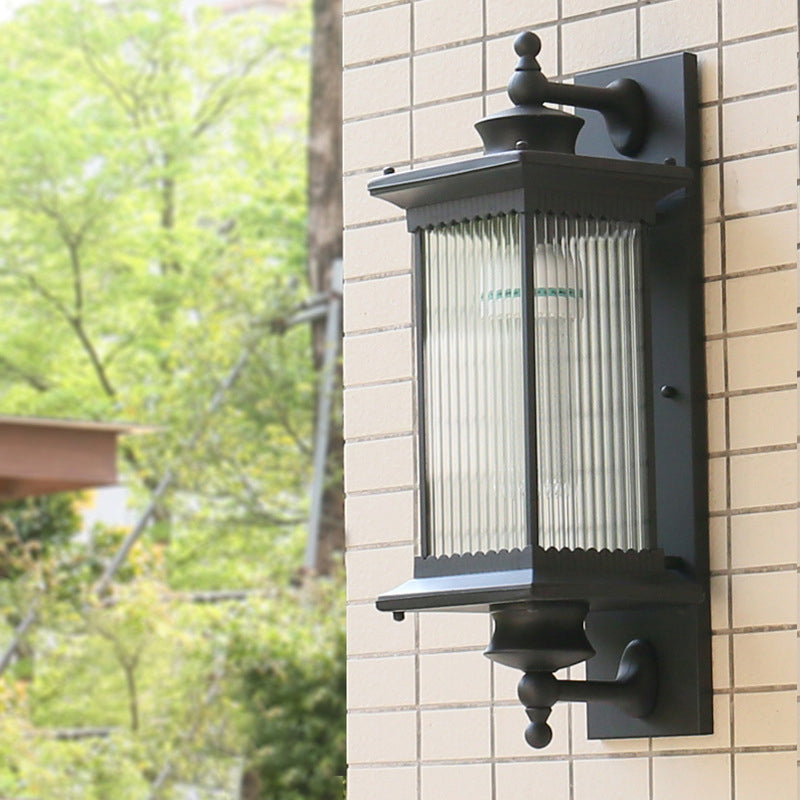 Single-Bulb Wall Mount Light Retro Rectangular Ribbed Glass Wall Lighting for Outdoor | Kalsten