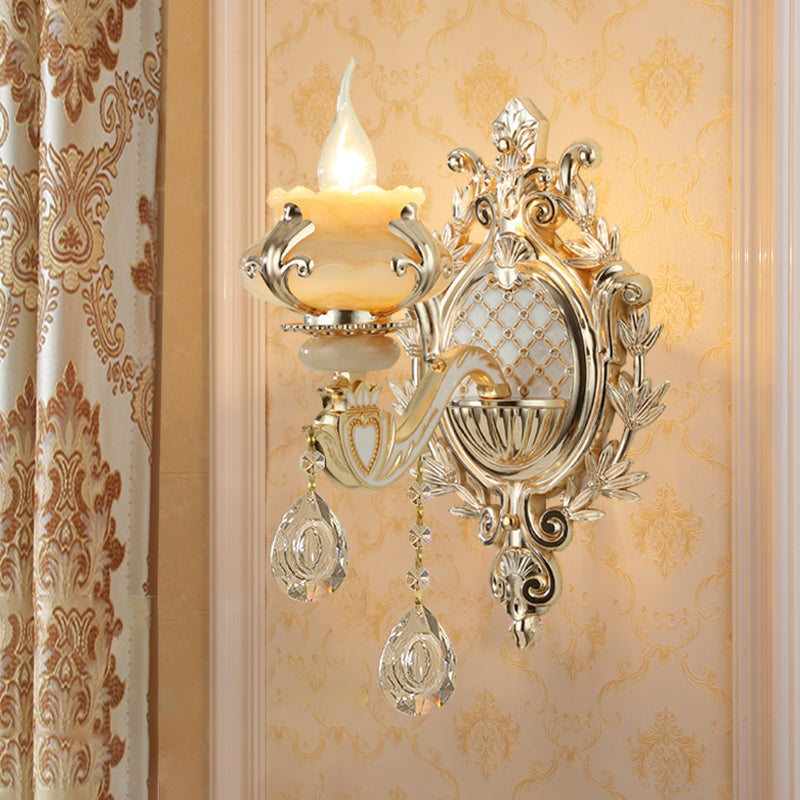 Jade Floral Wall Light Antique Living Room Wall Lighting Fixture with Hanging Crystal in Gold | Kalsten