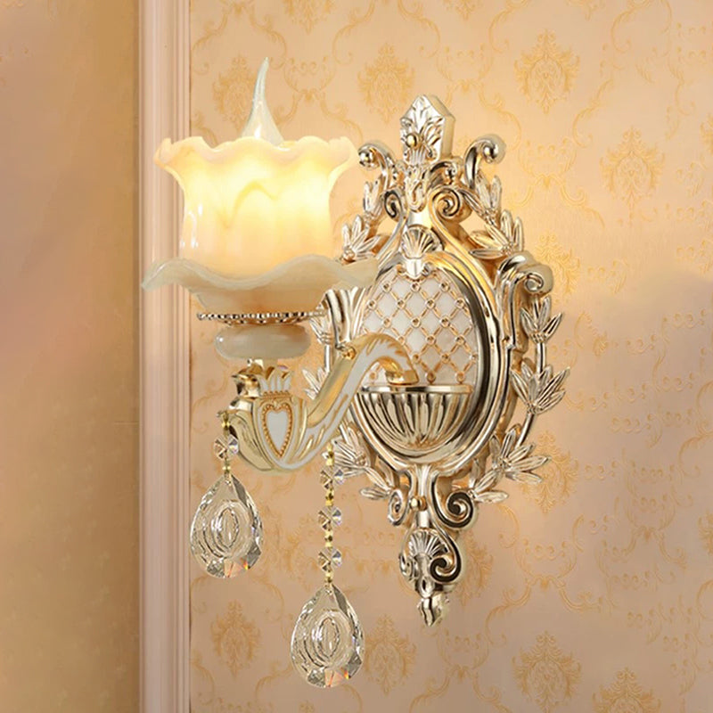 Jade Floral Wall Light Antique Living Room Wall Lighting Fixture with Hanging Crystal in Gold | Kalsten