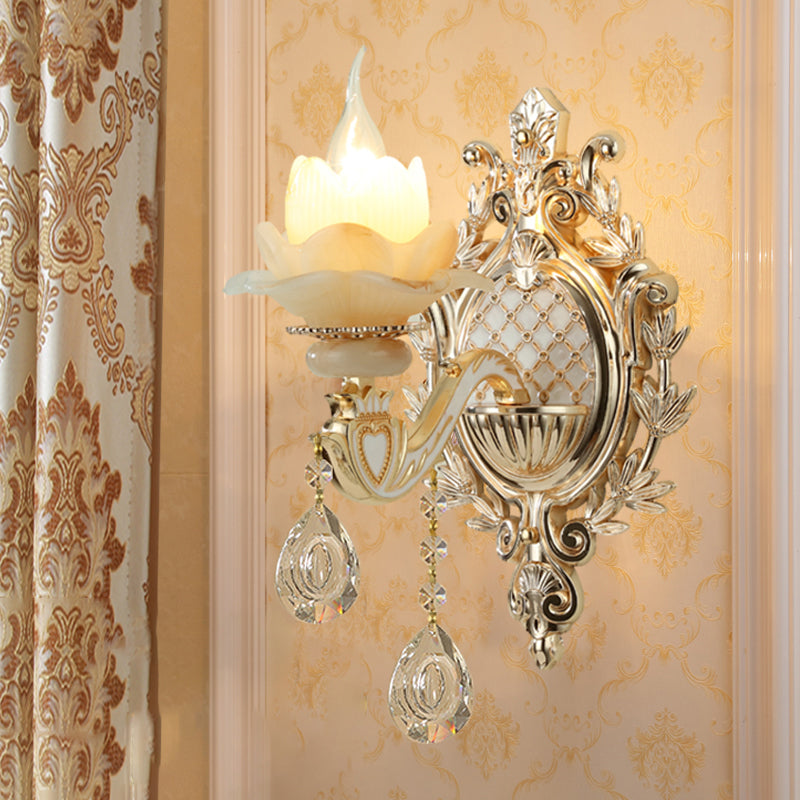 Jade Floral Wall Light Antique Living Room Wall Lighting Fixture with Hanging Crystal in Gold | Kalsten