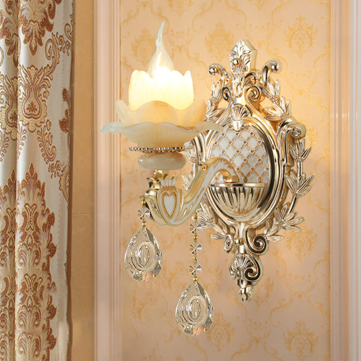 Jade Floral Wall Light Antique Living Room Wall Lighting Fixture with Hanging Crystal in Gold | Kalsten