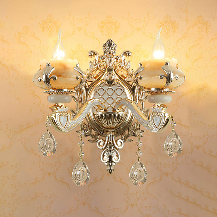 Jade Floral Wall Light Antique Living Room Wall Lighting Fixture with Hanging Crystal in Gold | Kalsten