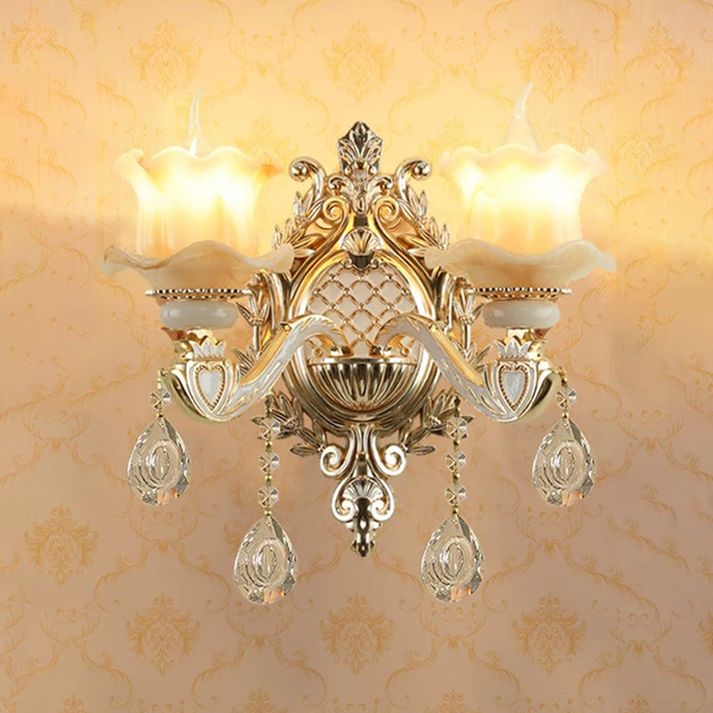 Jade Floral Wall Light Antique Living Room Wall Lighting Fixture with Hanging Crystal in Gold | Kalsten