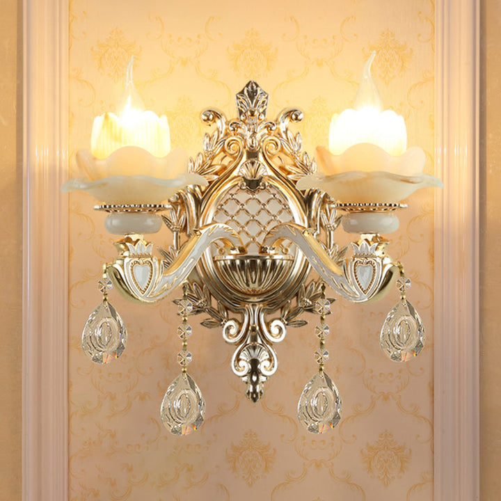 Jade Floral Wall Light Antique Living Room Wall Lighting Fixture with Hanging Crystal in Gold | Kalsten