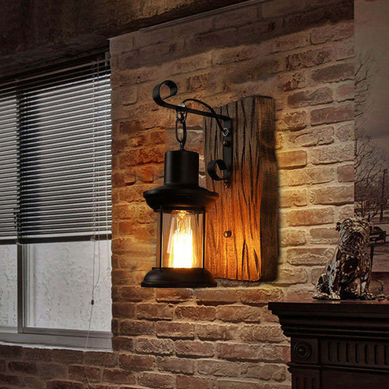 BowLift | Industrial Lantern Wall Mount Light 1-Light Iron Wall Light with Clear Glass Shade for Restaurant