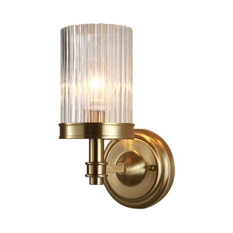 Cylinder Wall Lamp Vintage Stylish Clear Ribbed Glass 1 Bulb Black/Gold Finish Wall Sconce Fixture for Living Room | Kalsten