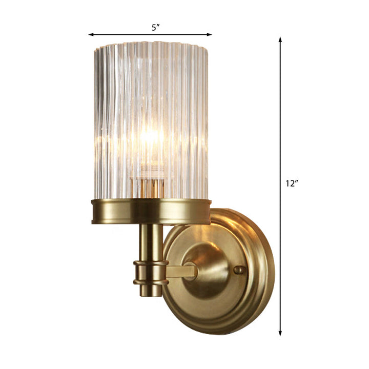Cylinder Wall Lamp Vintage Stylish Clear Ribbed Glass 1 Bulb Black/Gold Finish Wall Sconce Fixture for Living Room | Kalsten