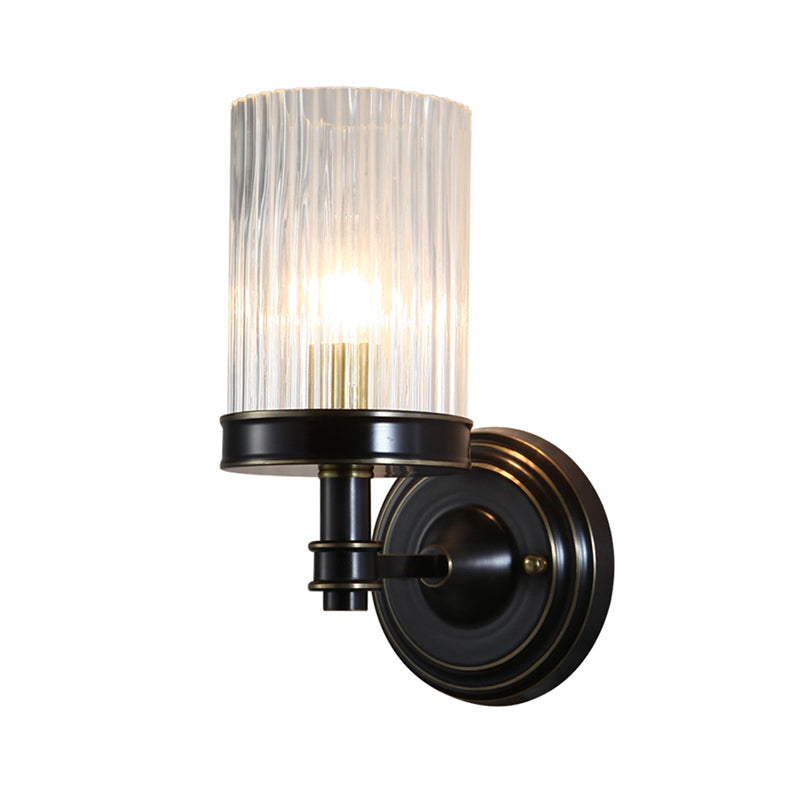 Cylinder Wall Lamp Vintage Stylish Clear Ribbed Glass 1 Bulb Black/Gold Finish Wall Sconce Fixture for Living Room | Kalsten