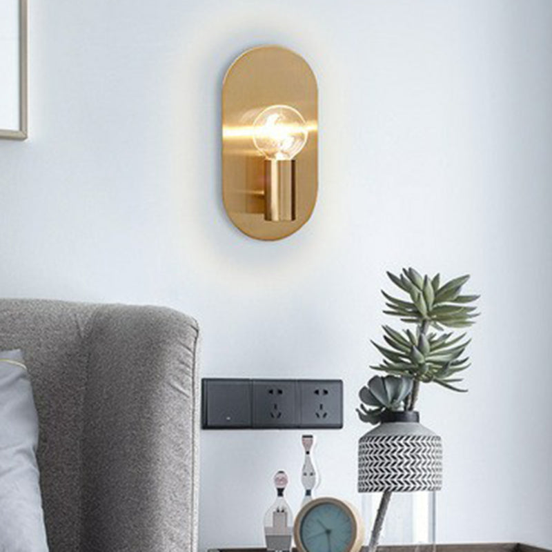 Exposed Bulb Design Sconce Light Postmodern Metal 1-Light Gold Finish Wall Light with Oval Backplate | Kalsten