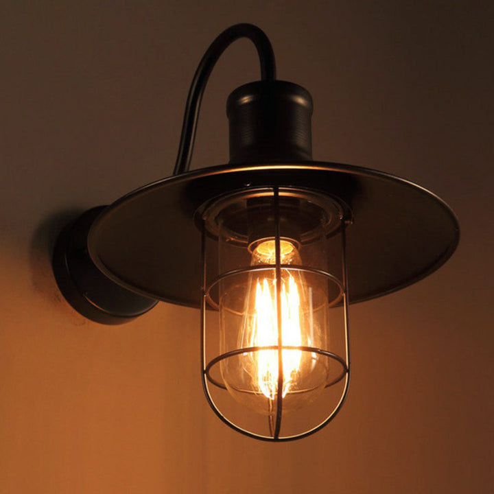 Black Conical Wall Lamp Industrial Metal 1 Head Corridor Gooseneck Wall Sconce with Cage | Kalsten