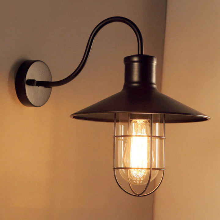 Black Conical Wall Lamp Industrial Metal 1 Head Corridor Gooseneck Wall Sconce with Cage | Kalsten