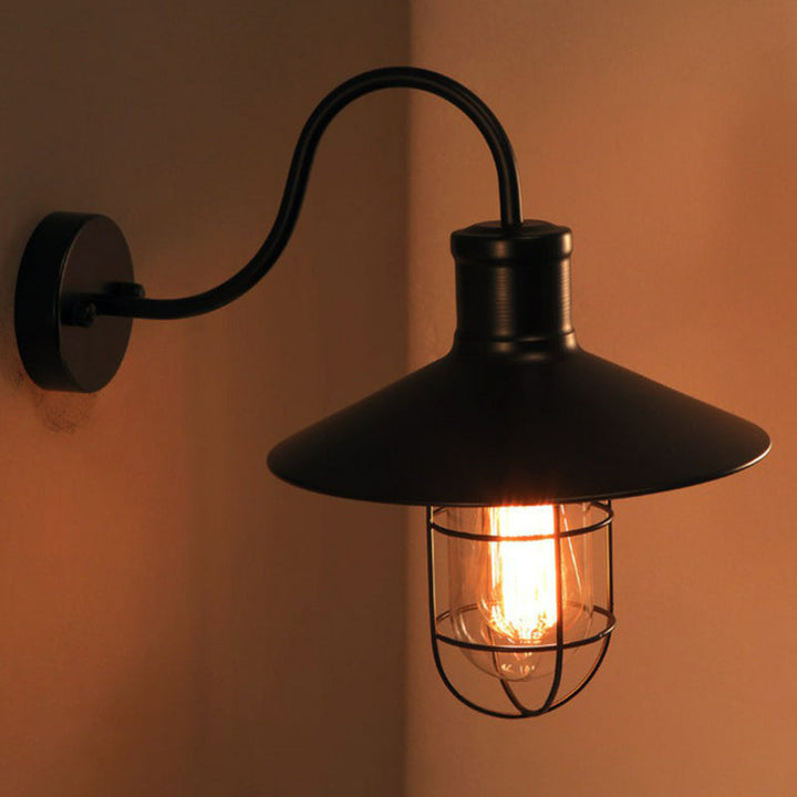 Black Conical Wall Lamp Industrial Metal 1 Head Corridor Gooseneck Wall Sconce with Cage | Kalsten