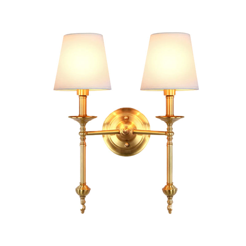 Brass Cone Wall Light Fixture Retro White Fabric Shade 1/2 Bulbs Dining Room Wall Sconce Lighting | Kalsten