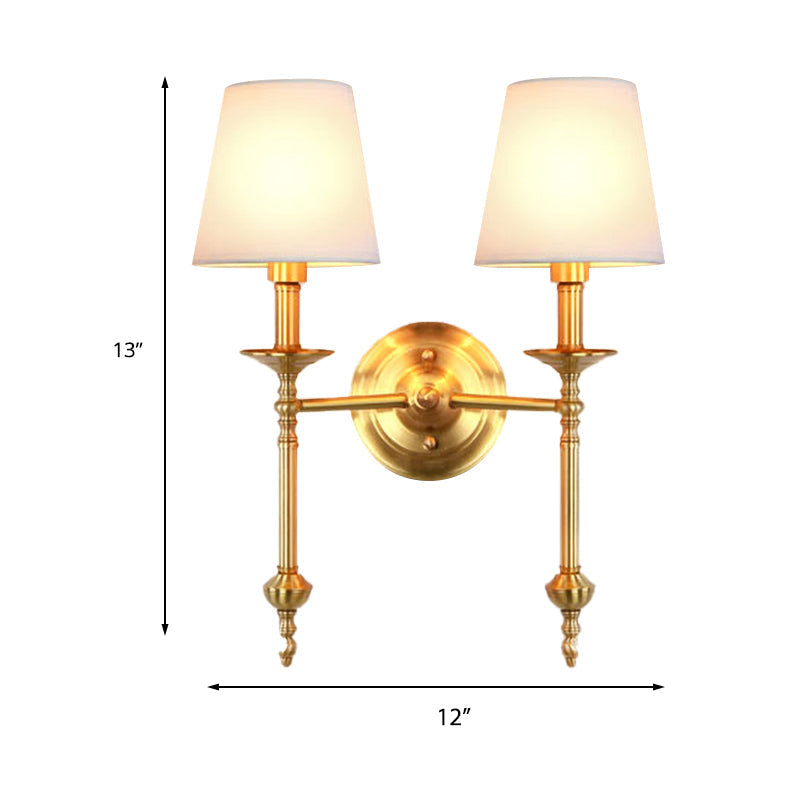 Brass Cone Wall Light Fixture Retro White Fabric Shade 1/2 Bulbs Dining Room Wall Sconce Lighting | Kalsten