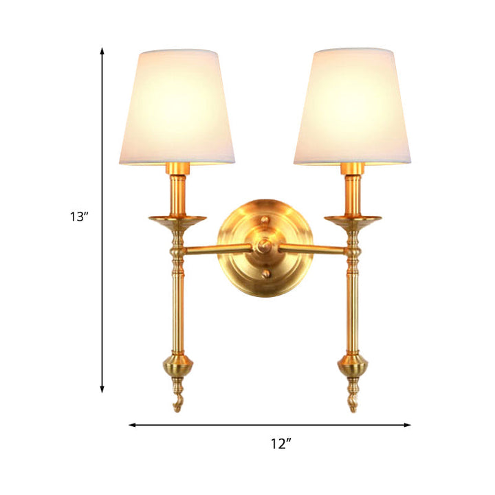 Brass Cone Wall Light Fixture Retro White Fabric Shade 1/2 Bulbs Dining Room Wall Sconce Lighting | Kalsten