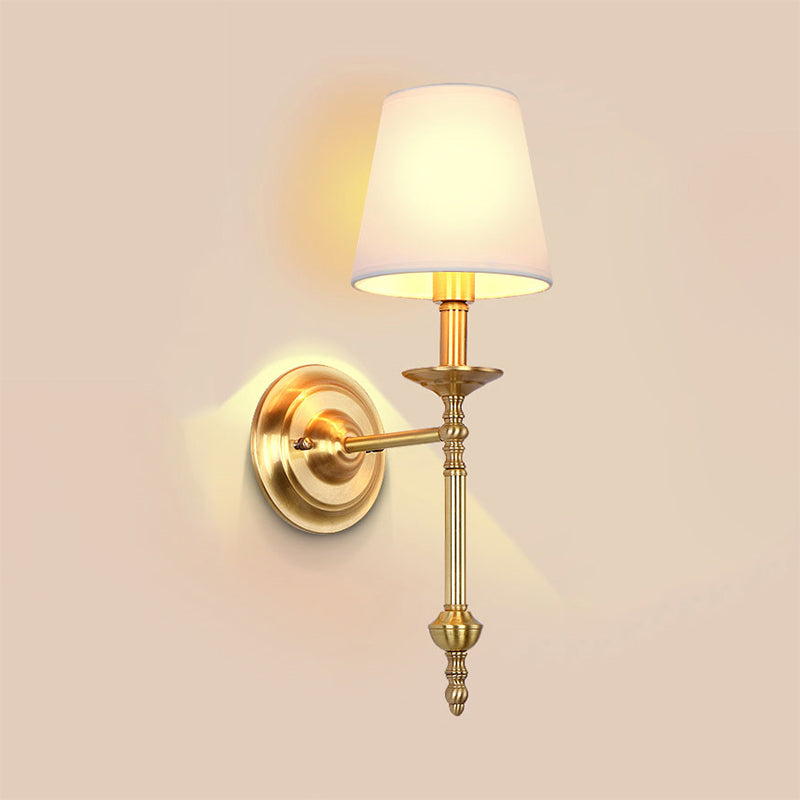 Brass Cone Wall Light Fixture Retro White Fabric Shade 1/2 Bulbs Dining Room Wall Sconce Lighting | Kalsten