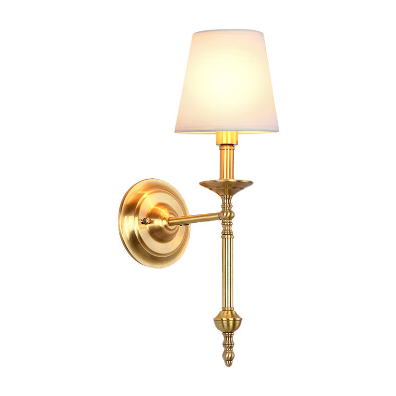 Brass Cone Wall Light Fixture Retro White Fabric Shade 1/2 Bulbs Dining Room Wall Sconce Lighting | Kalsten