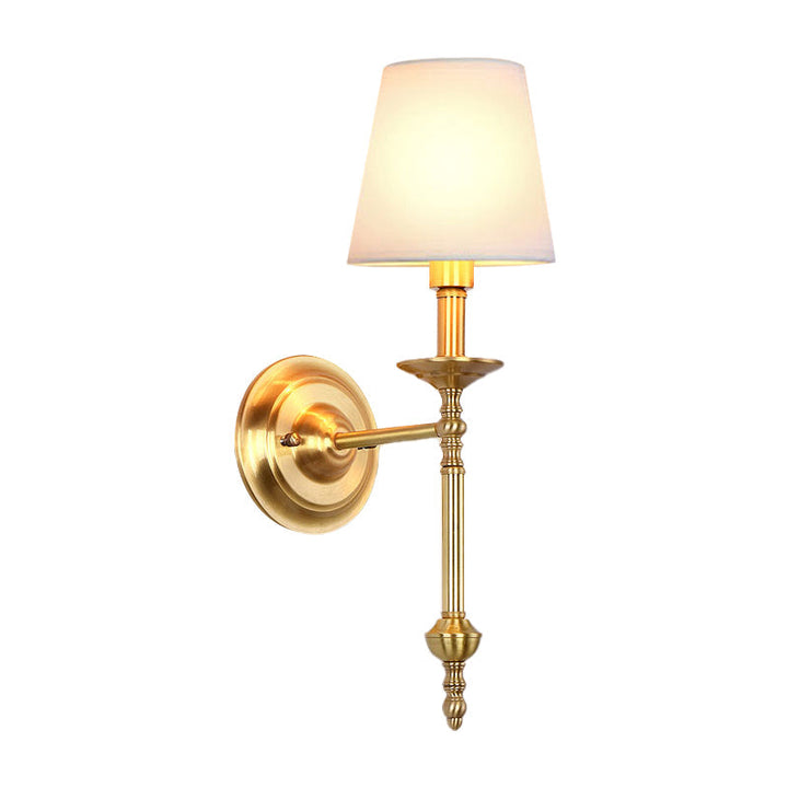 Brass Cone Wall Light Fixture Retro White Fabric Shade 1/2 Bulbs Dining Room Wall Sconce Lighting | Kalsten