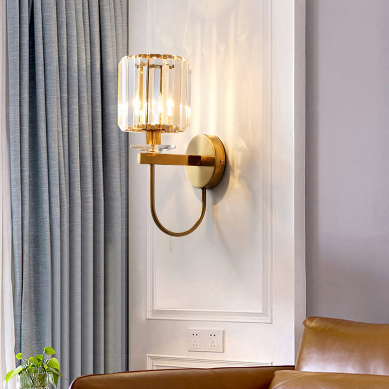 Cylindrical Crystal Wall Lighting Postmodern 1 Head Gold Finish Sconce with Curved Arm | Kalsten