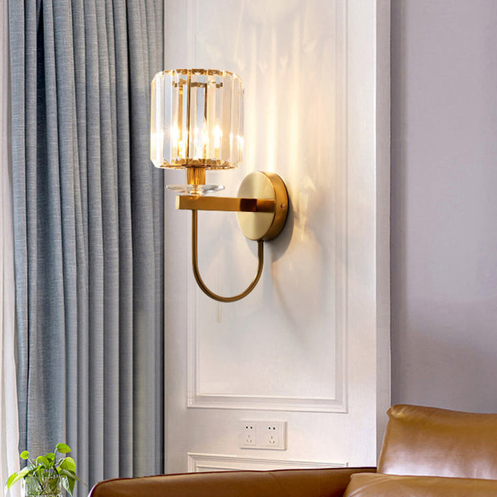 Cylindrical Crystal Wall Lighting Postmodern 1 Head Gold Finish Sconce with Curved Arm | Kalsten