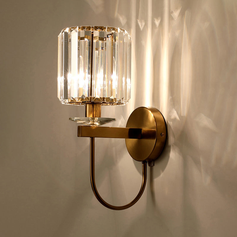 Cylindrical Crystal Wall Lighting Postmodern 1 Head Gold Finish Sconce with Curved Arm | Kalsten