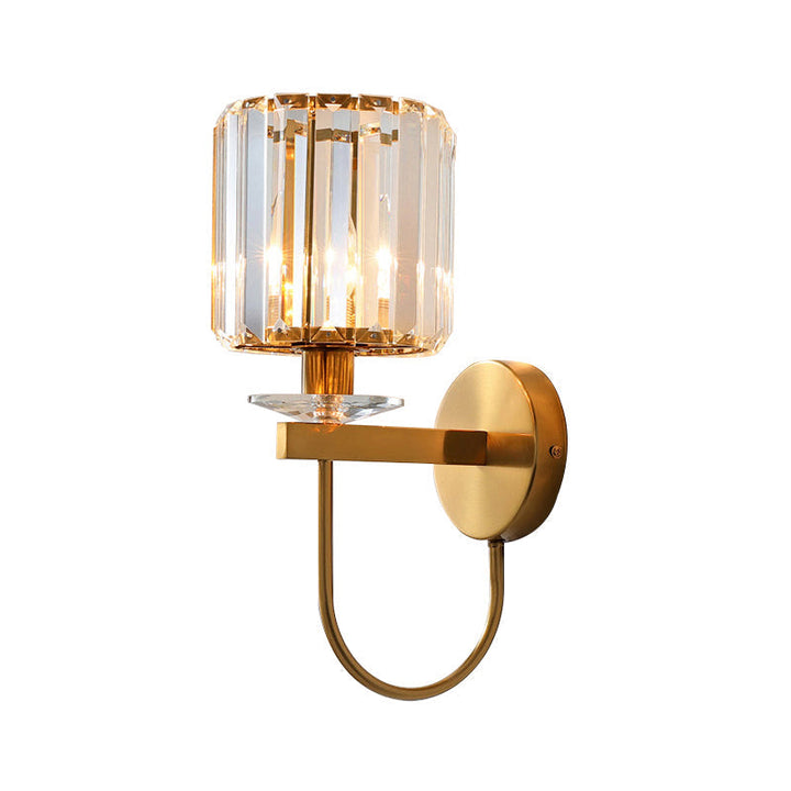 Cylindrical Crystal Wall Lighting Postmodern 1 Head Gold Finish Sconce with Curved Arm | Kalsten