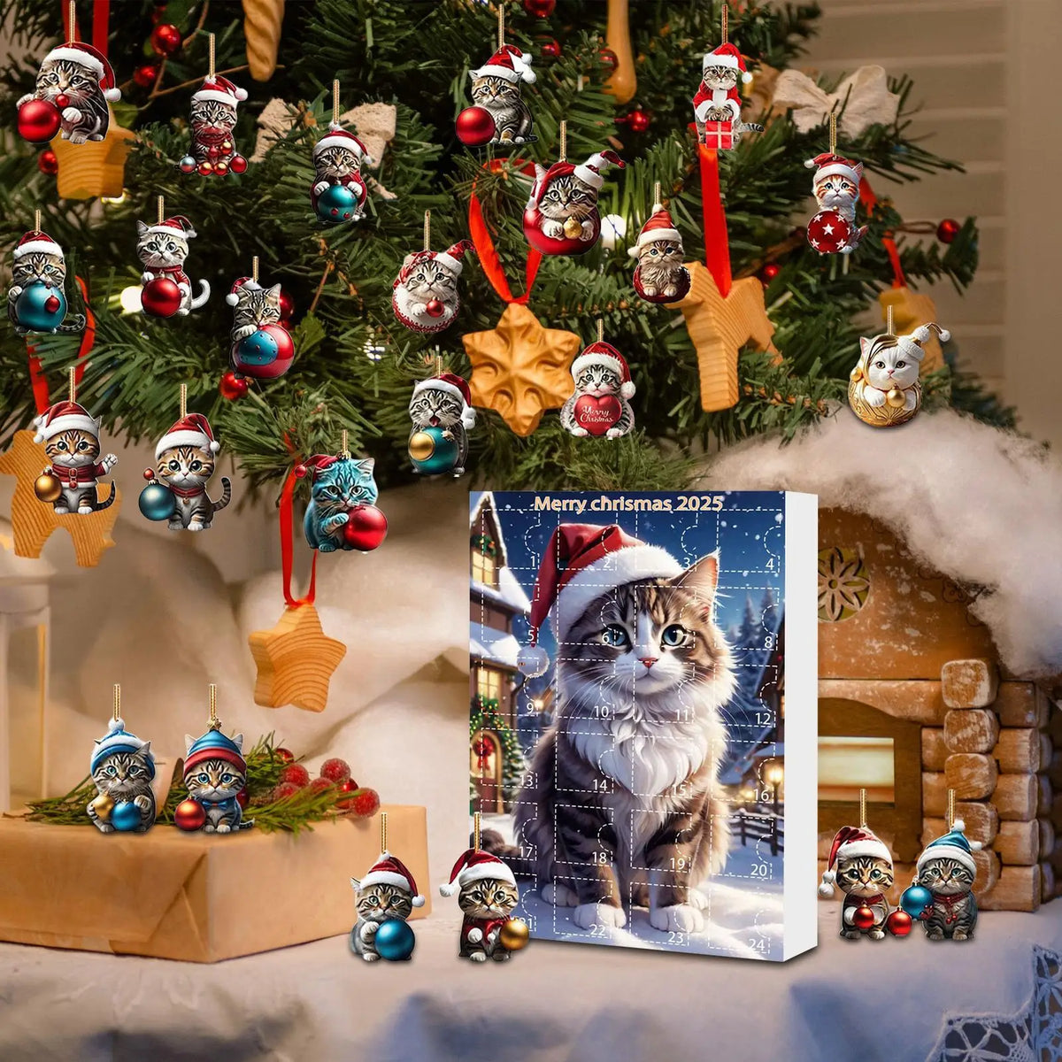 Skanto | 24-Piece Cat Christmas Ornament Set of Durable Acrylic for Advent Calendar Decoration