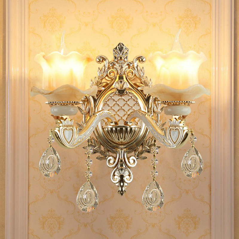 Jade Wall Mount Light Traditional Beige Flower Corridor Wall Sconce with Crystal Drop | Kalsten
