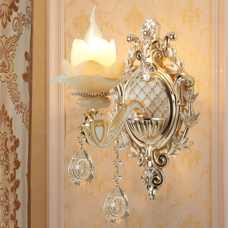 Jade Wall Mount Light Traditional Beige Flower Corridor Wall Sconce with Crystal Drop | Kalsten