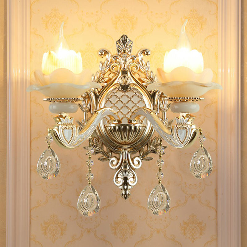 Jade Wall Mount Light Traditional Beige Flower Corridor Wall Sconce with Crystal Drop | Kalsten