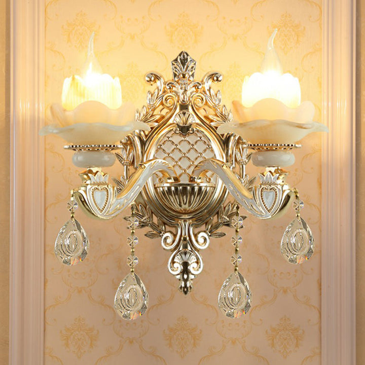 Jade Wall Mount Light Traditional Beige Flower Corridor Wall Sconce with Crystal Drop | Kalsten