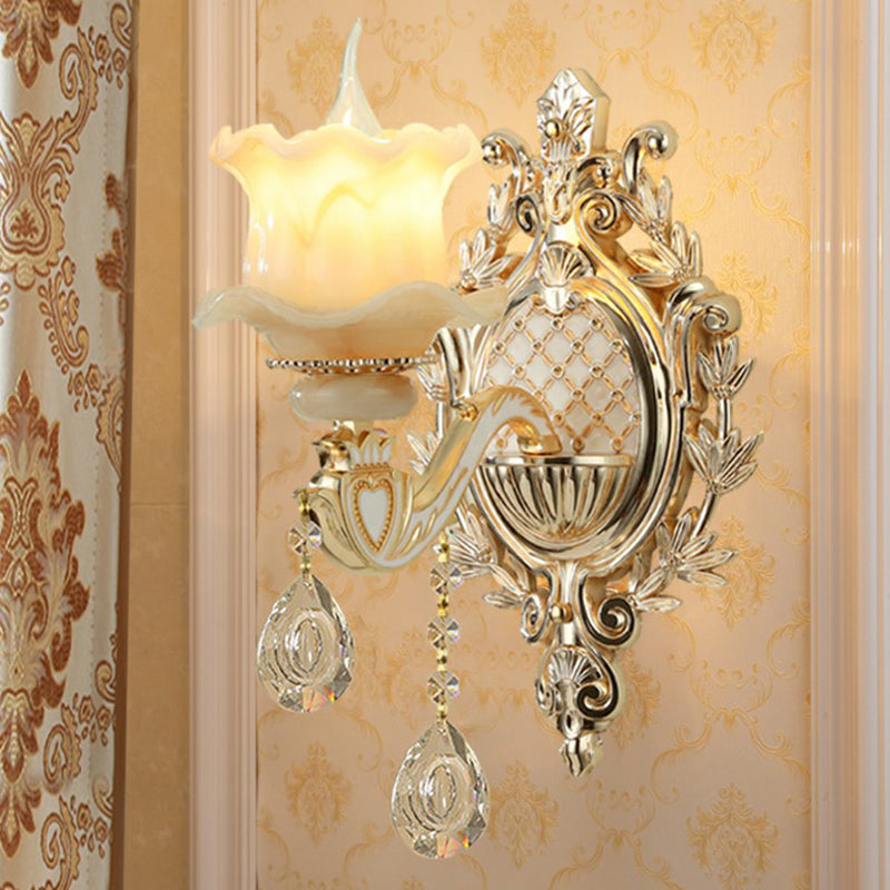 Jade Wall Mount Light Traditional Beige Flower Corridor Wall Sconce with Crystal Drop | Kalsten