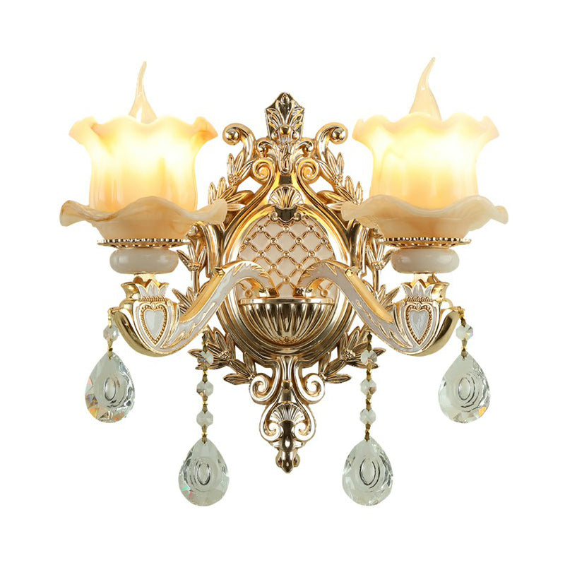 Jade Wall Mount Light Traditional Beige Flower Corridor Wall Sconce with Crystal Drop | Kalsten