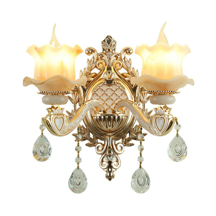 Jade Wall Mount Light Traditional Beige Flower Corridor Wall Sconce with Crystal Drop | Kalsten