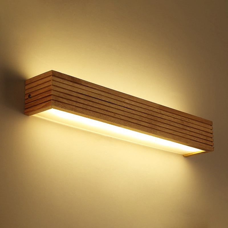 Laminated Wood Rectangle Wall Light Minimalist Beige LED Sconce Fixture above Bed | Kalsten