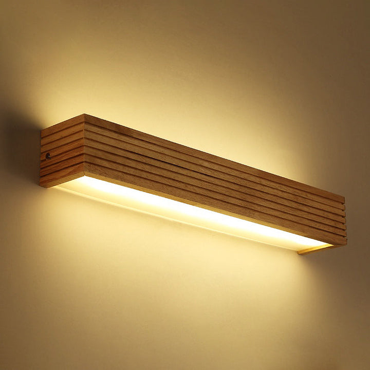 Laminated Wood Rectangle Wall Light Minimalist Beige LED Sconce Fixture above Bed | Kalsten