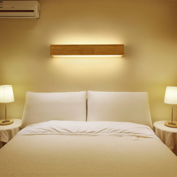 Laminated Wood Rectangle Wall Light Minimalist Beige LED Sconce Fixture above Bed | Kalsten