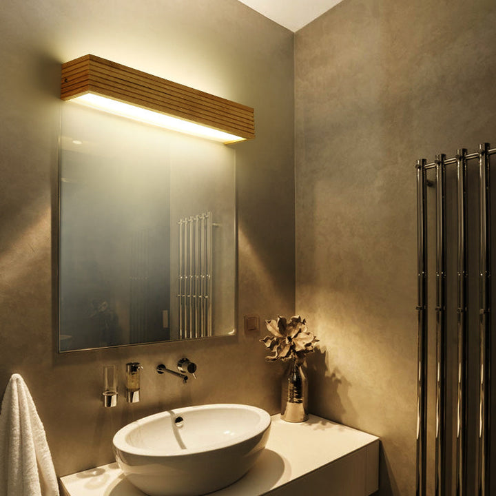 Laminated Wood Rectangle Wall Light Minimalist Beige LED Sconce Fixture above Bed | Kalsten