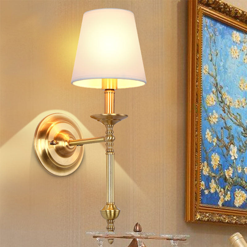 Brass Cone Wall Light Fixture Retro White Fabric Shade 1/2 Bulbs Dining Room Wall Sconce Lighting | Kalsten