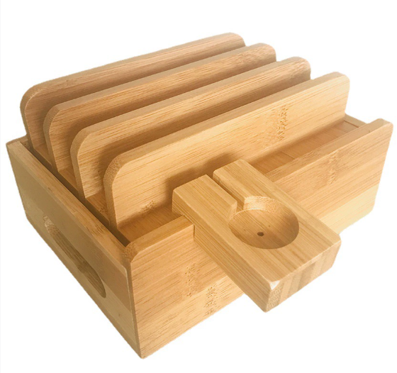 Kalsten | Tekavo ChargeDock Charging Station made of Bamboo | 5-Port USB & Organizer | For Smartphone, Tablet & Smartwatch | Incl. Cable Set