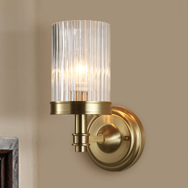 Cylinder Wall Lamp Vintage Stylish Clear Ribbed Glass 1 Bulb Black/Gold Finish Wall Sconce Fixture for Living Room | Kalsten