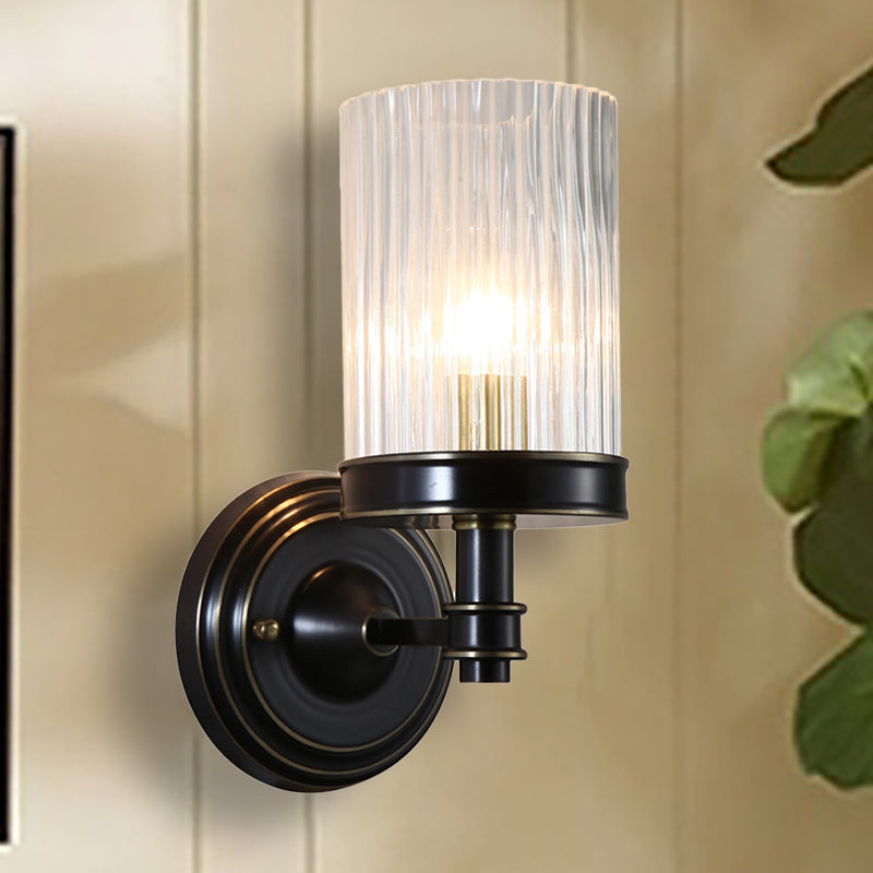 Cylinder Wall Lamp Vintage Stylish Clear Ribbed Glass 1 Bulb Black/Gold Finish Wall Sconce Fixture for Living Room | Kalsten