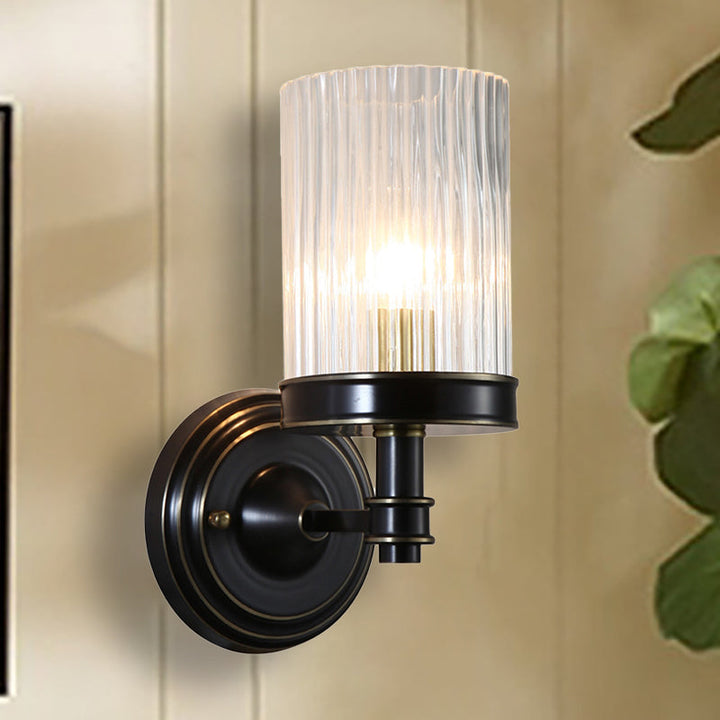 Cylinder Wall Lamp Vintage Stylish Clear Ribbed Glass 1 Bulb Black/Gold Finish Wall Sconce Fixture for Living Room | Kalsten
